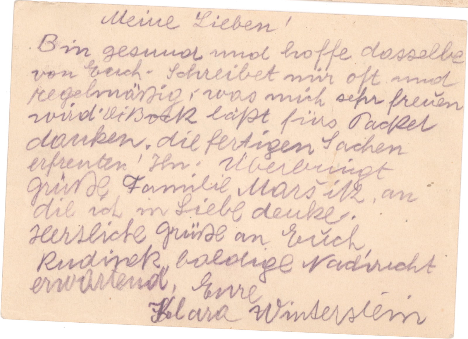 LETTERS FROM A JEWISH WOMAN MURDERED AT AUSCHWITZ (3): Lot of three postcard written by Klara Winterstein (1885-1943), a Polish Jew from Uhersky Brod with a husband and daughter, held first at Theresienstadt before being shipped to Auschwitz to be
