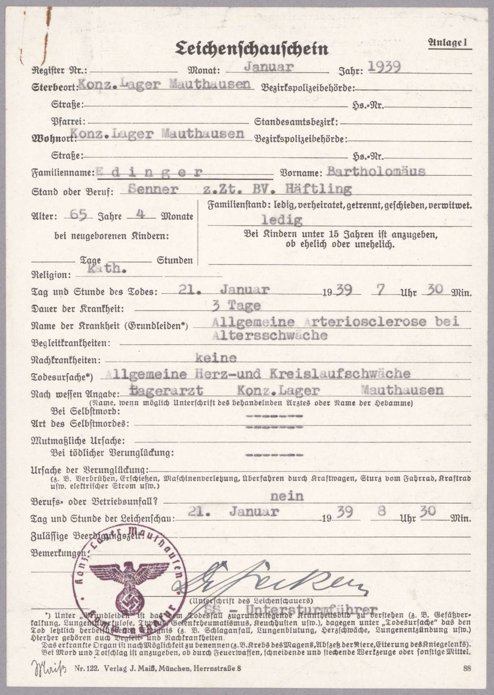 MAUTHAUSEN CONCENTRATION CAMP DEATH CERTIFICATE: Death certificate issued and signed by an unidentified SS-Untersturmfuhrer physician at the Mauthausen concentration camp, 1p. 8vo., 'Konz. Lager Mauthausen', Jan. 21, 1939. The certificate concerns
