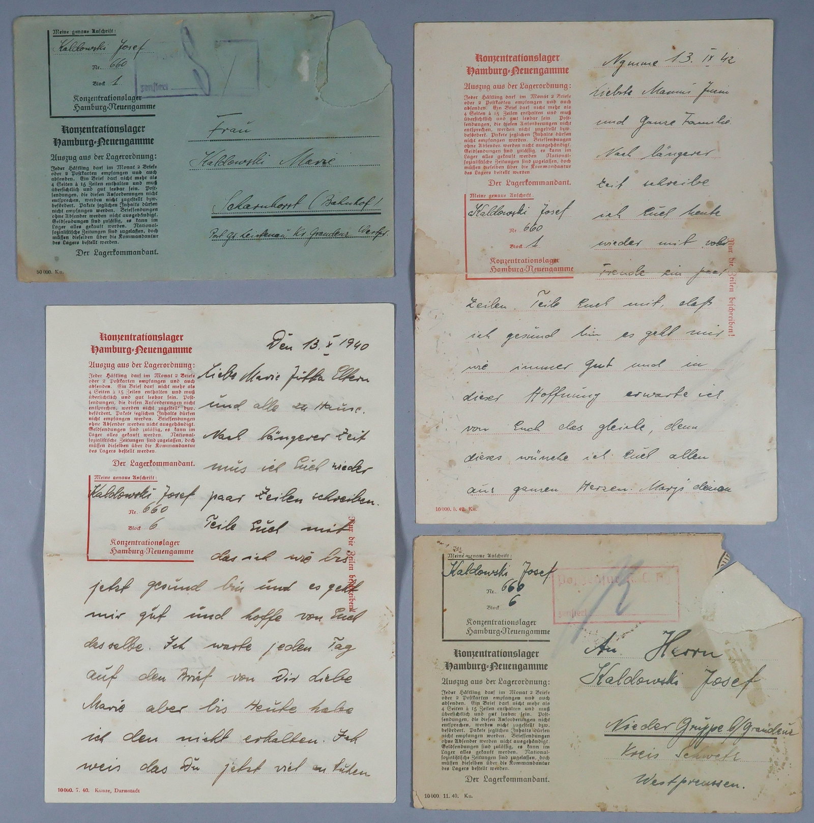 NEUENGAMME CONCENTRATION CAMP PRISONER’S LETTERS (2): A good pair of handwritten letters on official letter forms, both mailed by the same individual, Josef Kaldowski, imprisoned at KL-Neuengamme. Both letters are 4pp. 8vo., the first dated Oct. 13,