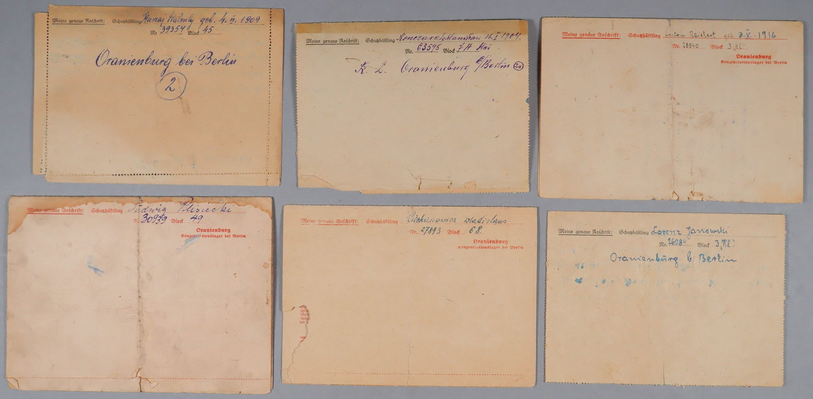 SACHSENHAUSEN CONCENTRATION CAMP PRISONERS’ LETTERS (6): A fine lot of six handwritten letters on official letter forms, all mailed by individuals imprisoned at KL-Auschwitz. Includes: letter in German, 2pp. 8vo., Oct. 28, 1940, mailed by a Ludwig