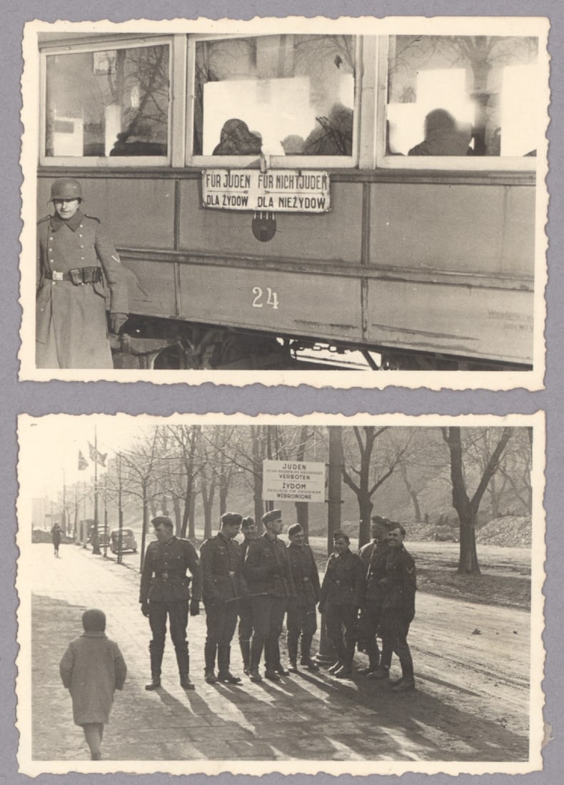 SEGREGATION OF JEWS IN POLAND (2): Pair of photographs showing the segregation of Jews in Poland, each 2.25 x 3.5 in. b/w, one showing seven German soldiers standing beneath a bilingual signed prohibiting Jews from using paths in a par