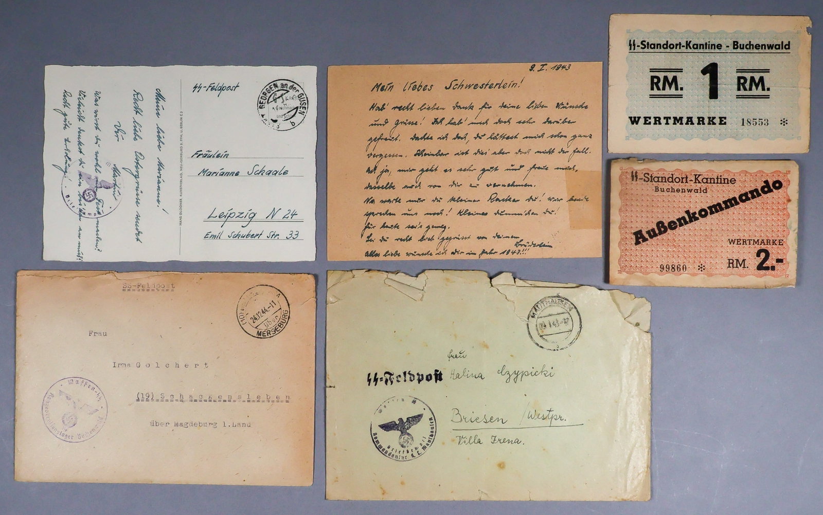 SS SOLDIERS WRITE FROM CONCENTRATION CAMPS (6): Six pieces related to SS soldiers serving in the Gusen and Mauthausen concentrations camps, includes: two postcards from SS soldier ‘Rottf. M[artin]. Kreitlow’ at Gusen to his sister in Le