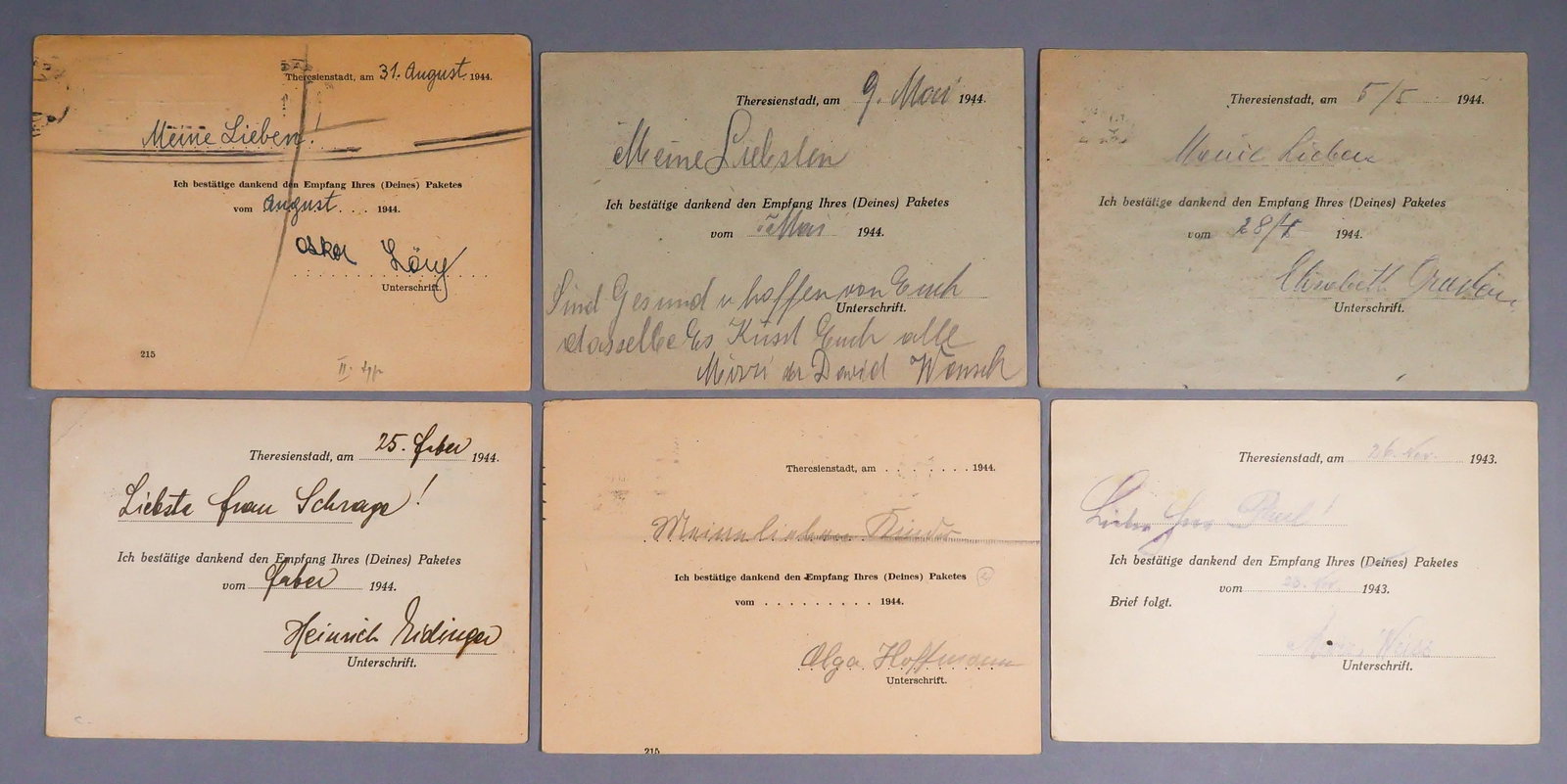 THERESIENSTADT CONCENTRATION CAMP RECEIPTS FOR PACKAGES (6) (1 of 2)