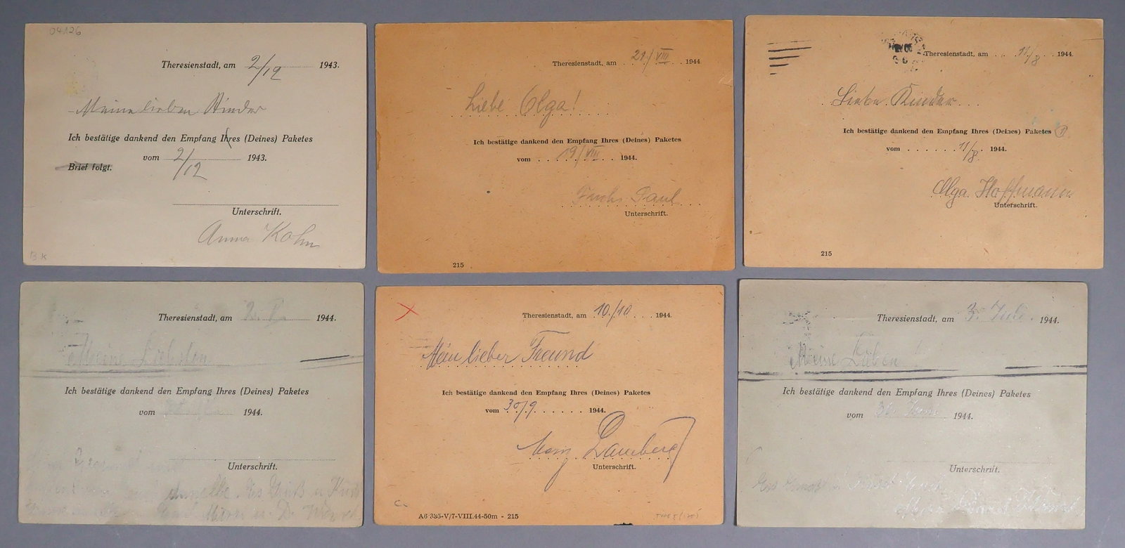 THERESIENSTADT CONCENTRATION CAMP RECEIPTS FOR PACKAGES (6) (1 of 2)