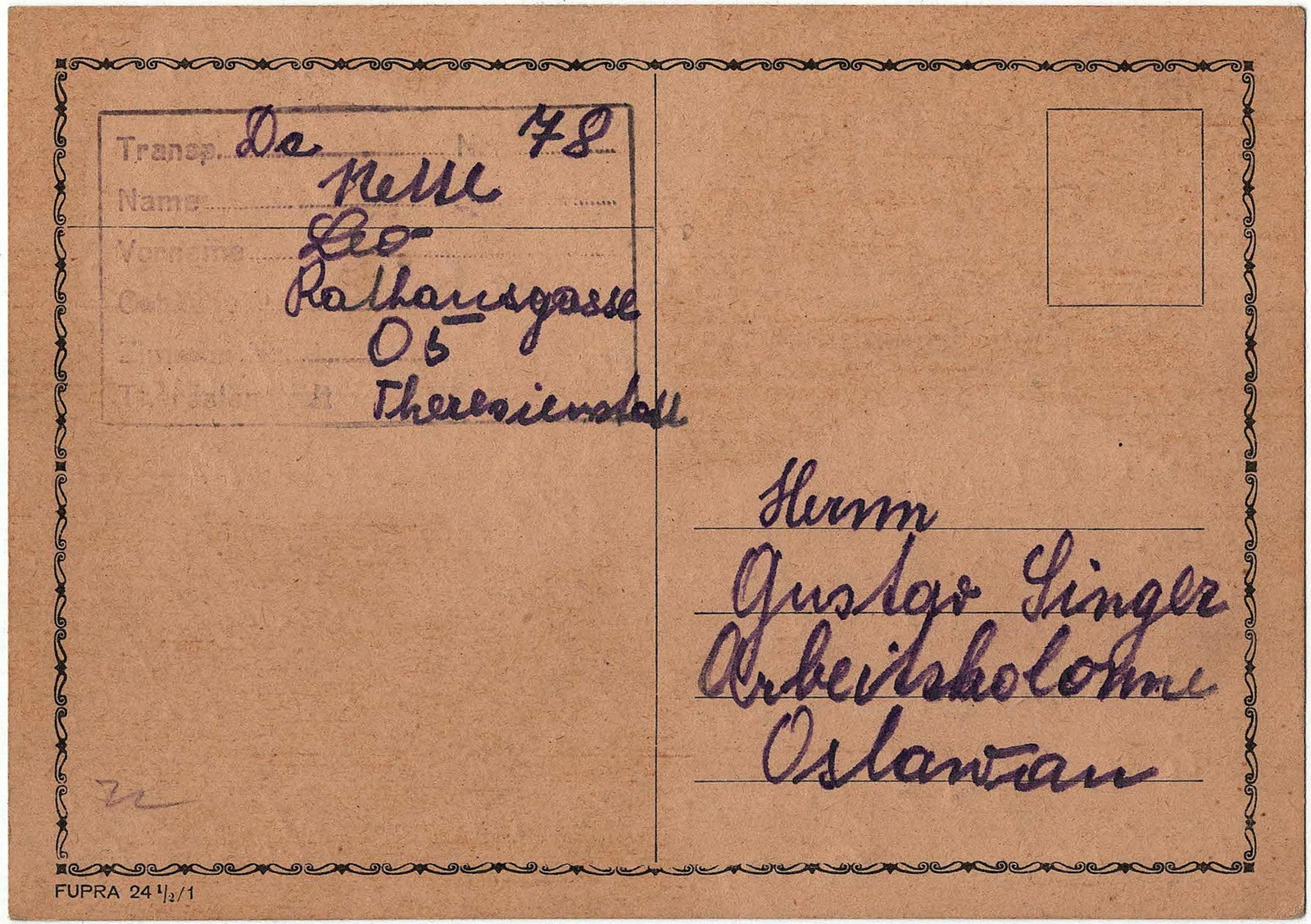 THERESIENSTADT GHETTO LETTER TO JEWISH PRISONER AT OSLAWAN WORK CAMP (1 of 2)