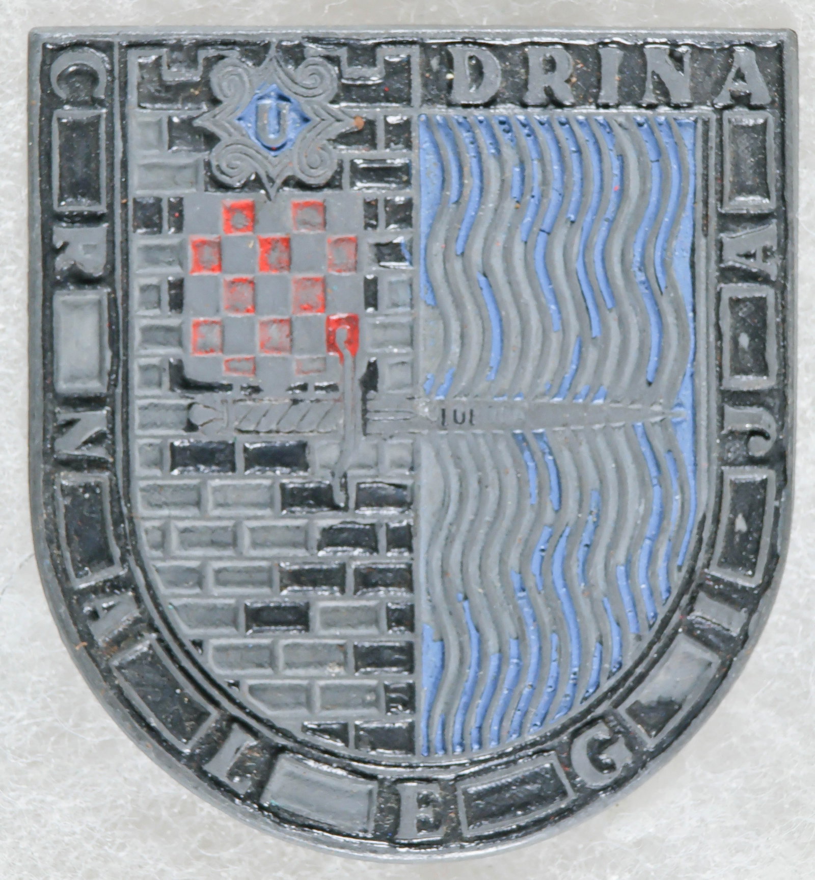 INDEPENDENT STATE OF CROATIA USTASE MILITIA ‘BLACK LEGION’ BADGE: A very rare World War II-era badge, 1.75 x 2 in., awarded to members of the 1st Standing Active Brigade of the Ustase Militia of the Independent State of Croatia, commonly called the ‘Black Legi