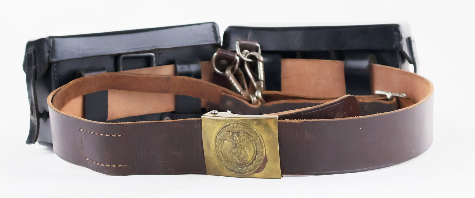 NAZI PERIOD BELT RIG OF S.A. WITH RED CROSS EQUIPMENT: S.A. belt with buckle, 36.5 in. x 1.75 in., including a two-piece brass buckle adorned with the emblem of the SA soldered to the buckle center, SA emblem depicting a national eagle clutching a wreathe