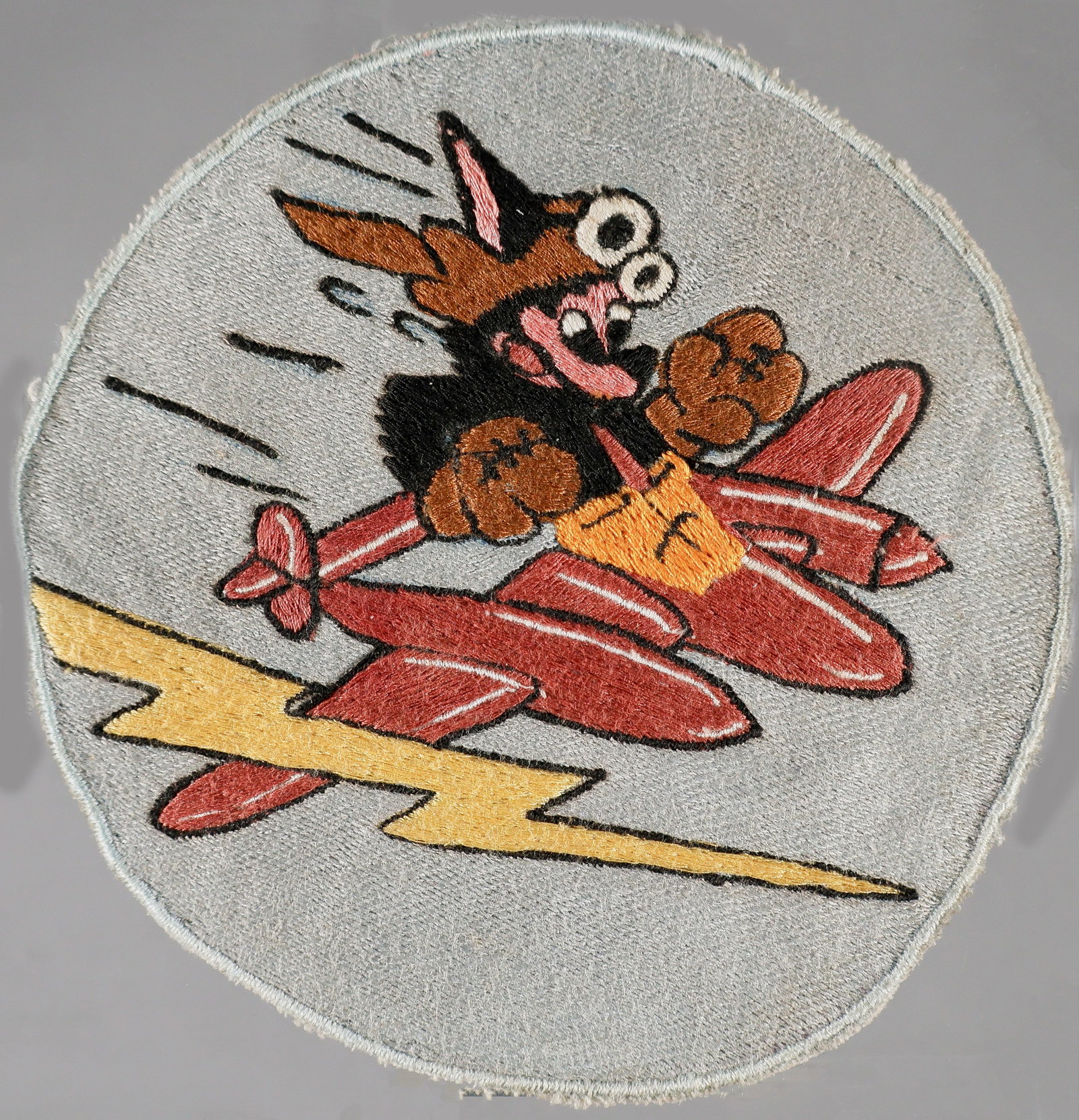 BELGIAN-MADE 428TH FIGHTER SQUADRON PATCH: Rarely seen Belgian theater-made embroidered patch, unofficial, owned by a member of the 428th Fighter Squadron. The finely-made patch is 5 in. in diameter and of exceptional quality, in very fine