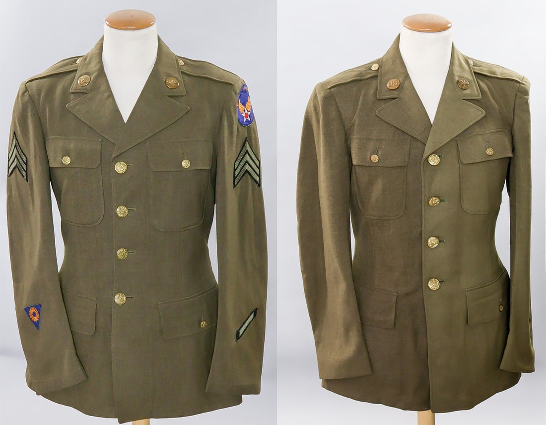 U.S. ARMY AIR FORCES UNIFORM JACKETS (2): A good pair of World War II-era U.S. Army Air Forces M1939 Class A uniform jackets, both constructed of green wool, the first displaying an embroidered USAAF patch with ‘Training Command’