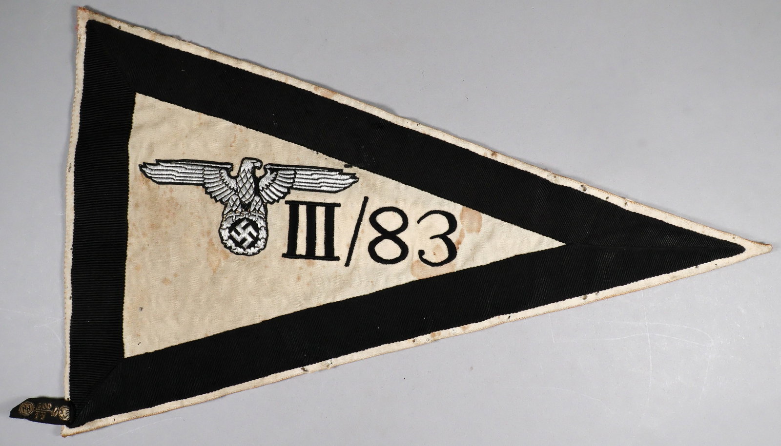 SS VEHICLE PENNANT: A very rare Allgemeine-SS vehicle pennant, unit marked for the III Sturmbann 83 SS-Standarte 'Oberhessen', an administrative regiment of the Allgemeine-SS which was headquartered in Gissen, Germany.