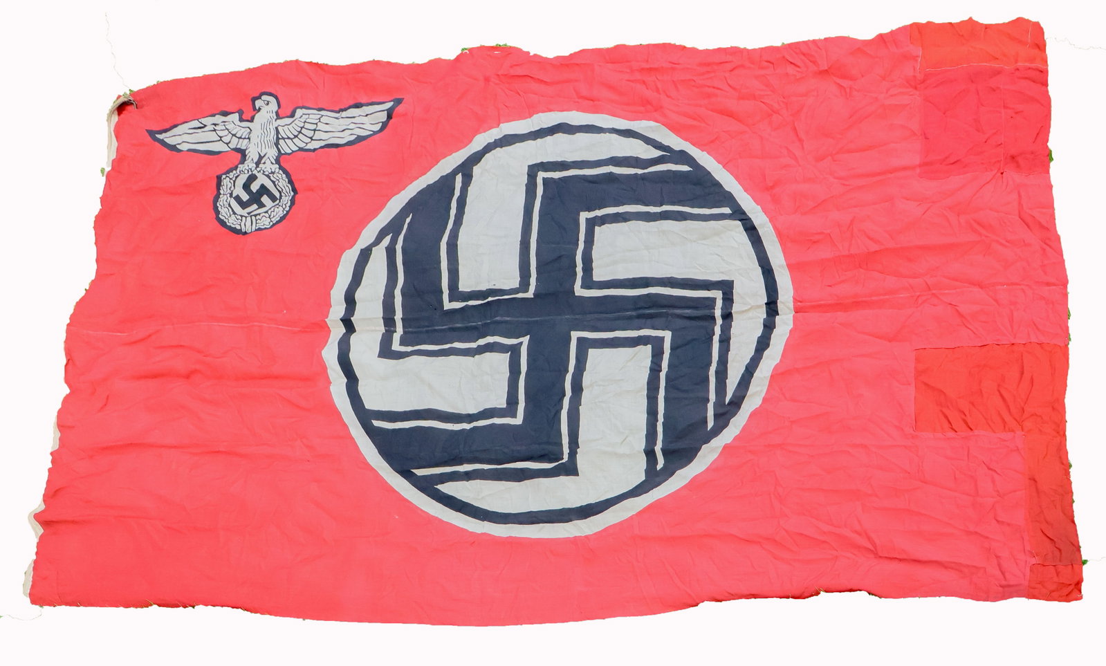 NAZI STATE SERVICE FLAG: Very large, quality Nazi State Service flag, two-sided cotton construction, printed design, 9.5 x 15.5 feet, with five high quality steel snap clips attached to the hoist with well-used heavy leather