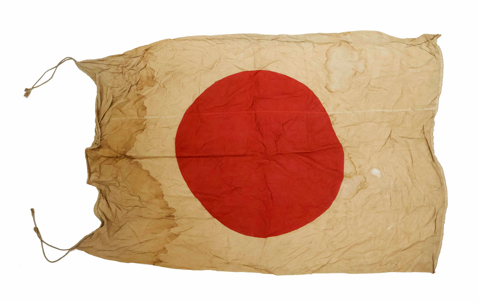 JAPANESE MILITARY FLAG: Very rare Japanese company or regimental flag, well used, 40 x 58 in. silk with a woven cord sewn into the hoist. Two ties appear both at top and bottom, these used to temporarily tie the flag to a