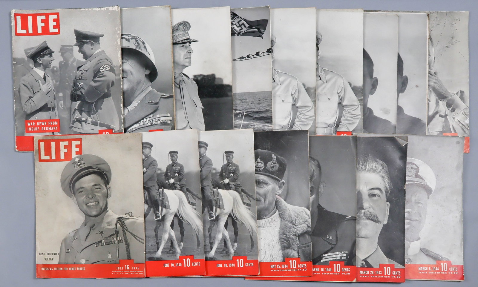 'LIFE MAGAZINE' GOES TO WAR (16): Fine assemblage of 16 copies of the weekly news pictorial emission Life Magazine, each 10.5 x 13 in. Cover personalities with stories within include: GEROGE S. PATTON, JR., Jan. 15, 1945; EMPEROR