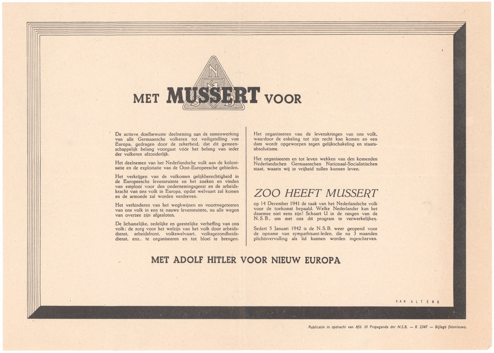 'MUSSERT FRONT' RECRUITMENT BROADSIDE: Recruitment broadside for the 'Mussert Front', the National Socialist Movement in the Netherlands (NSB) founded by ANTON MUSSERT (1894-1946), the most prominent Dutch political collaborator who would