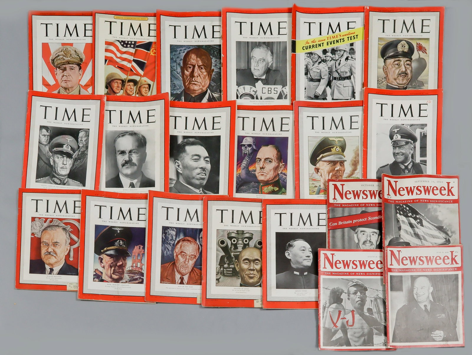 (TIME MAGAZINE) POLITICAL AND MILITARY LEADERS OF WORLD WAR II (11): Lot of 17 complete copies of Time Magazine featuring political and military leaders of World War II on their covers. Includes: FRANKLIN D. ROOSEVELT (2, Man of the Year, Jan. 5, 1942 and June 10,