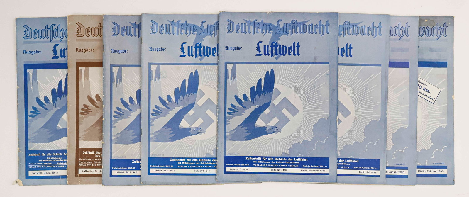 ‘DEUTSCHE LUFTWACHT’ MAGAZINES (8): Eight volumes of the Nazi air force magazine, ‘Deutsche Luftwache, the Zeitscrift fur alle Gebiete der Luftfahrt’, from 1935 and 1936. Untranslated, but sure to be full of excellent