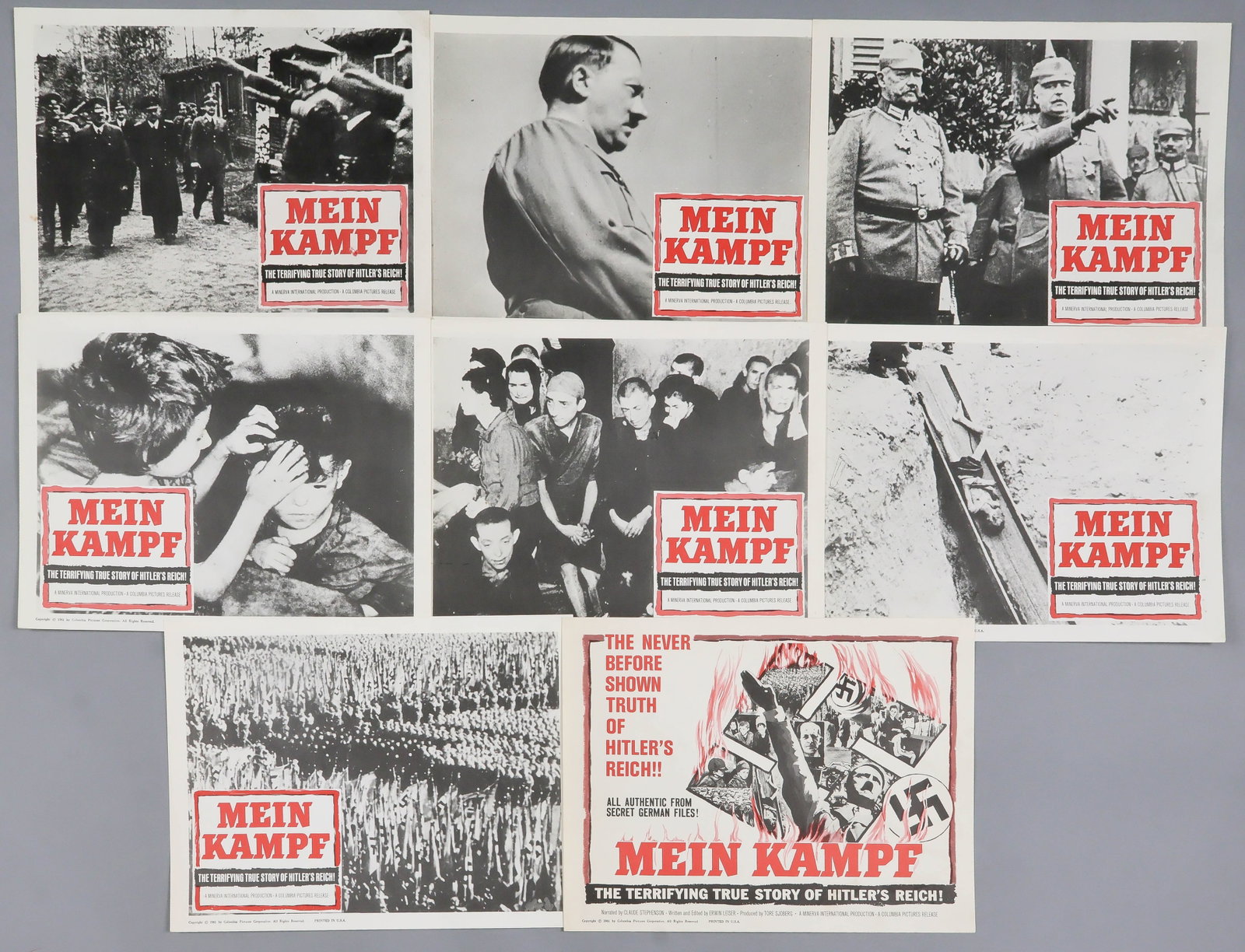 ‘MEIN KAMPF’ LOBBY CARDS: A set of eight lobby cards for the 1961 film ‘Mein Kampf’ which exposes ‘…the terrifying true story of Hitler’s Reich!’ The cards, 14 x 11 in., display Holocaust