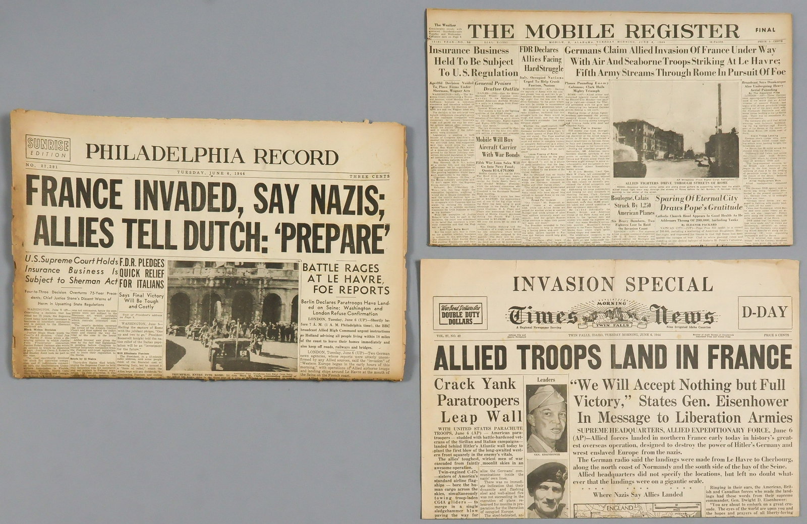 D-DAY AS REPORTED IN THREE AMERICAN NEWSPAPERS (3): Lot of three American newspapers offering front page coverage on the June 6, 1944 D-Day landing operations. Included is: Morning Times News, Twin Falls, ID, June 6, 1944, 4pp. folio, the headling read