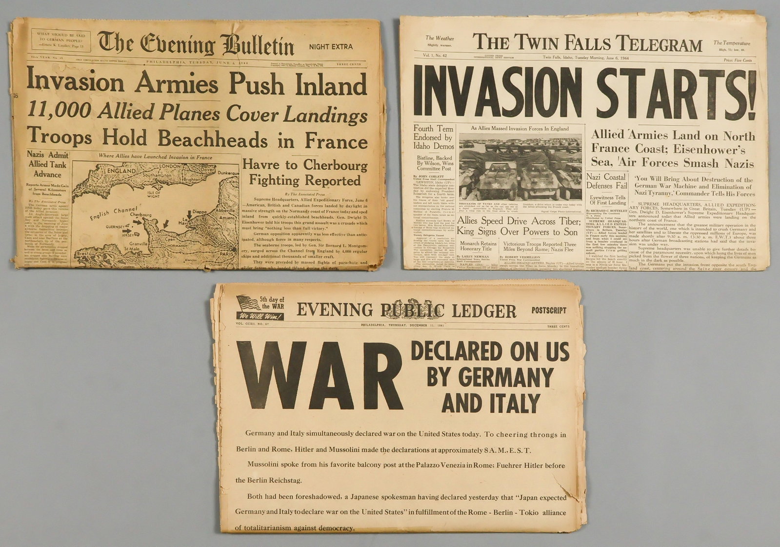 EVENTS OF WORLD WAR II IN AMERICAN NEWSPAPERS (3): Good lot of three American newspapers, includes: Evening Public Ledger, Philadelphia, Dec. 11, 1941, 34pp. folio, 'WAR DECLARED ONUS BY GERMANY AND ITALY', with the first two pages bearing the text of