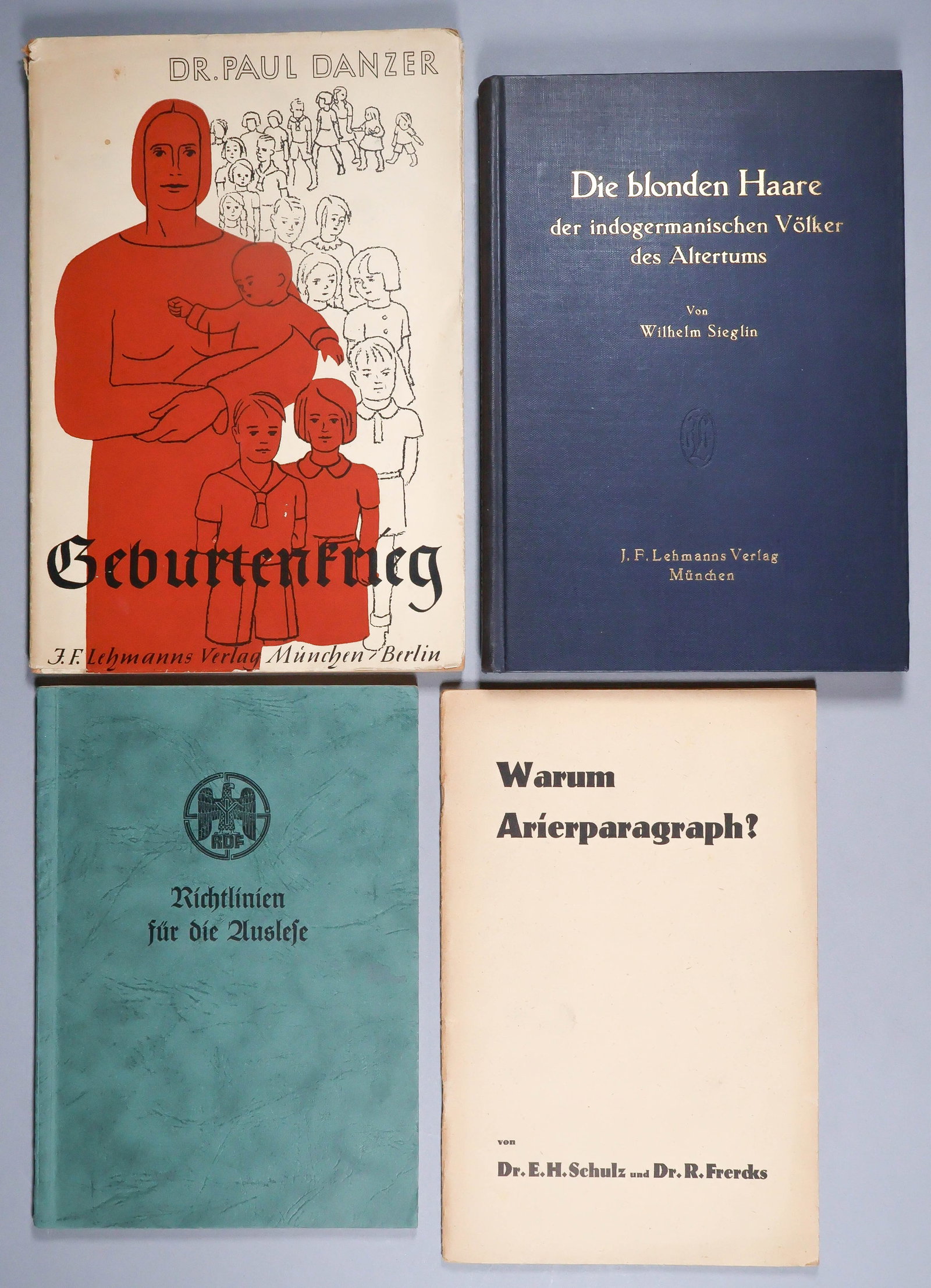 GERMAN RACIAL THEORY AND EUGENICS (4): Four volumes, includes: ‘Gerburtenkrieg’ [‘Birth Welfare’] by Paul Danzer (Munich: J. F> Lehmanns, 1938), 80pp. softbound 4to. with paper wraps. The forward seeks to ‘