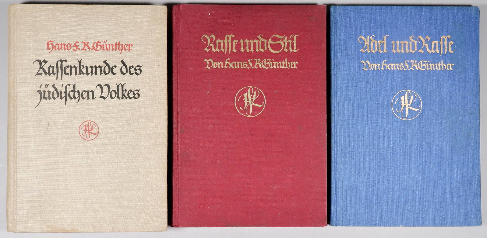 GERMAN RACIAL THEORY BOOKS (3): Three hardbound books by Hans Gunther, an influential professor of racial theory at the University of Jena and a member of the NSDAP from 1932. Includes: his pre-war volume: ‘Rassenkunde des Jud