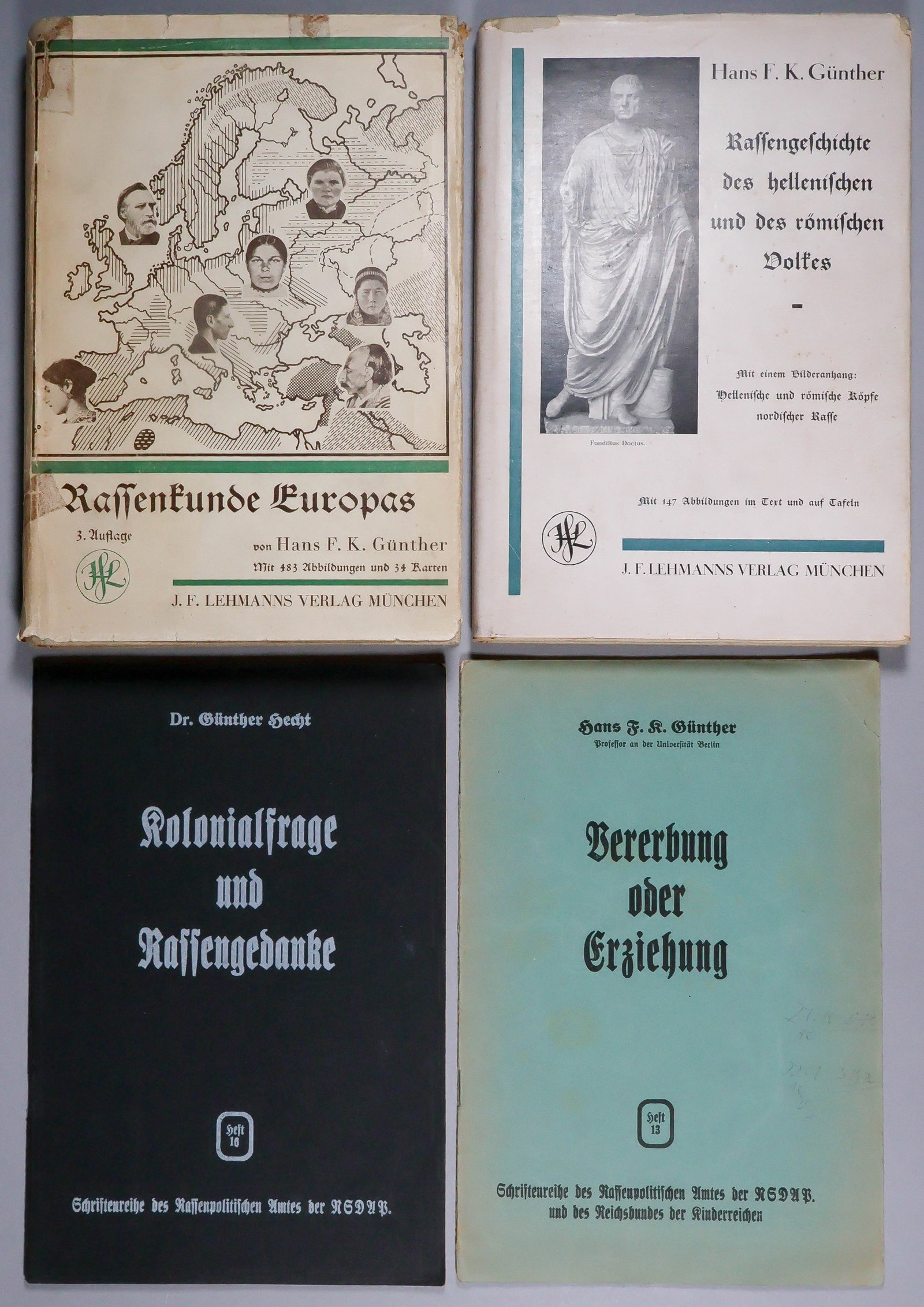 GERMAN RACIAL THEORY BOOKS (4): A group of four books by Hans Gunther, an influential professor of racial theory at the University of Jena and a member of the NSDAP from 1932. Includes: one of his most famous works ‘Rassenkund