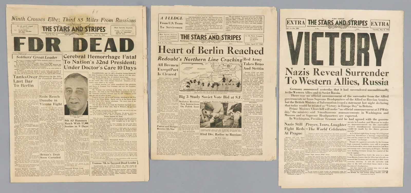 HISTORIC 'STARS AND STRIPES' NEWSPAPERS (3): Lot of three historic issues of the U.S. Armed Forces newspaper, 'The Stars and Stripes', each about 13 x 16 in. Included are issues from May 8, 1945: 'VICTORY Nazis Reveal Surrender to Western Allies