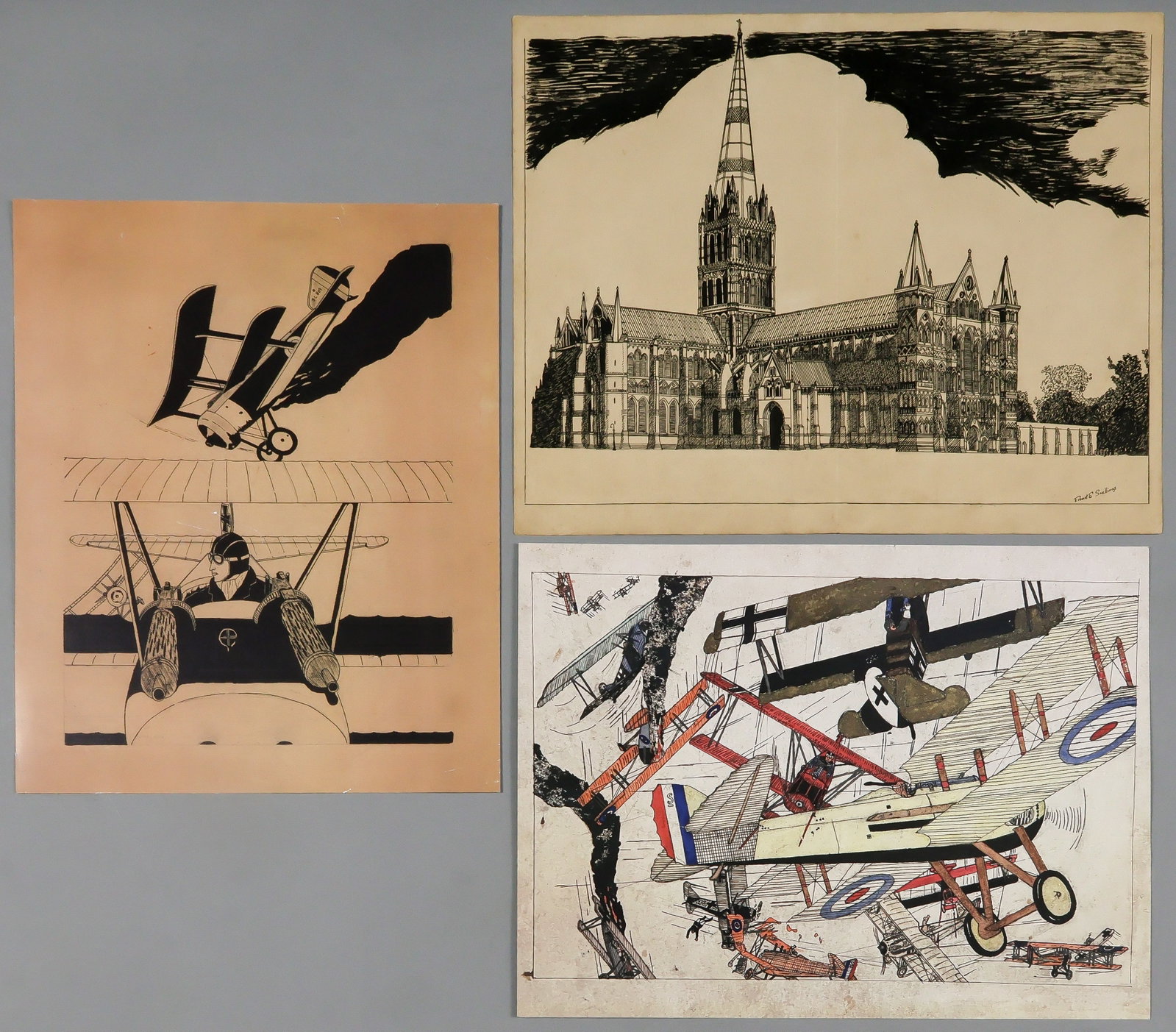 NAMED WAR II SOLDIER’S ILLUSTRATION: A well-executed pen and ink drawing of a cathedral, 17 x 14 in., accomplished and signed by ERNEST E. SNELLINGS (1922-1996), a Private First Class in the U.S. Army during World War II. The image possi