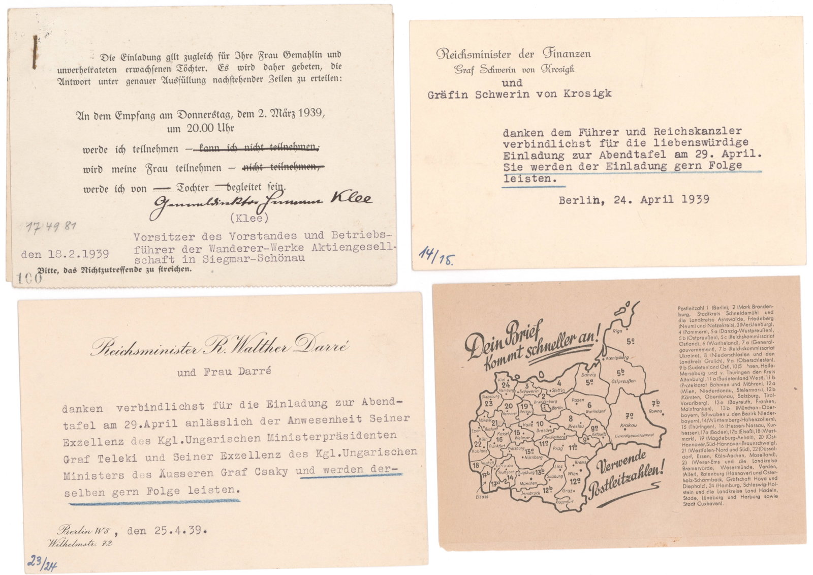 RESPONSES TO INVITATIONS FROM HITLER (50+) (1 of 13)