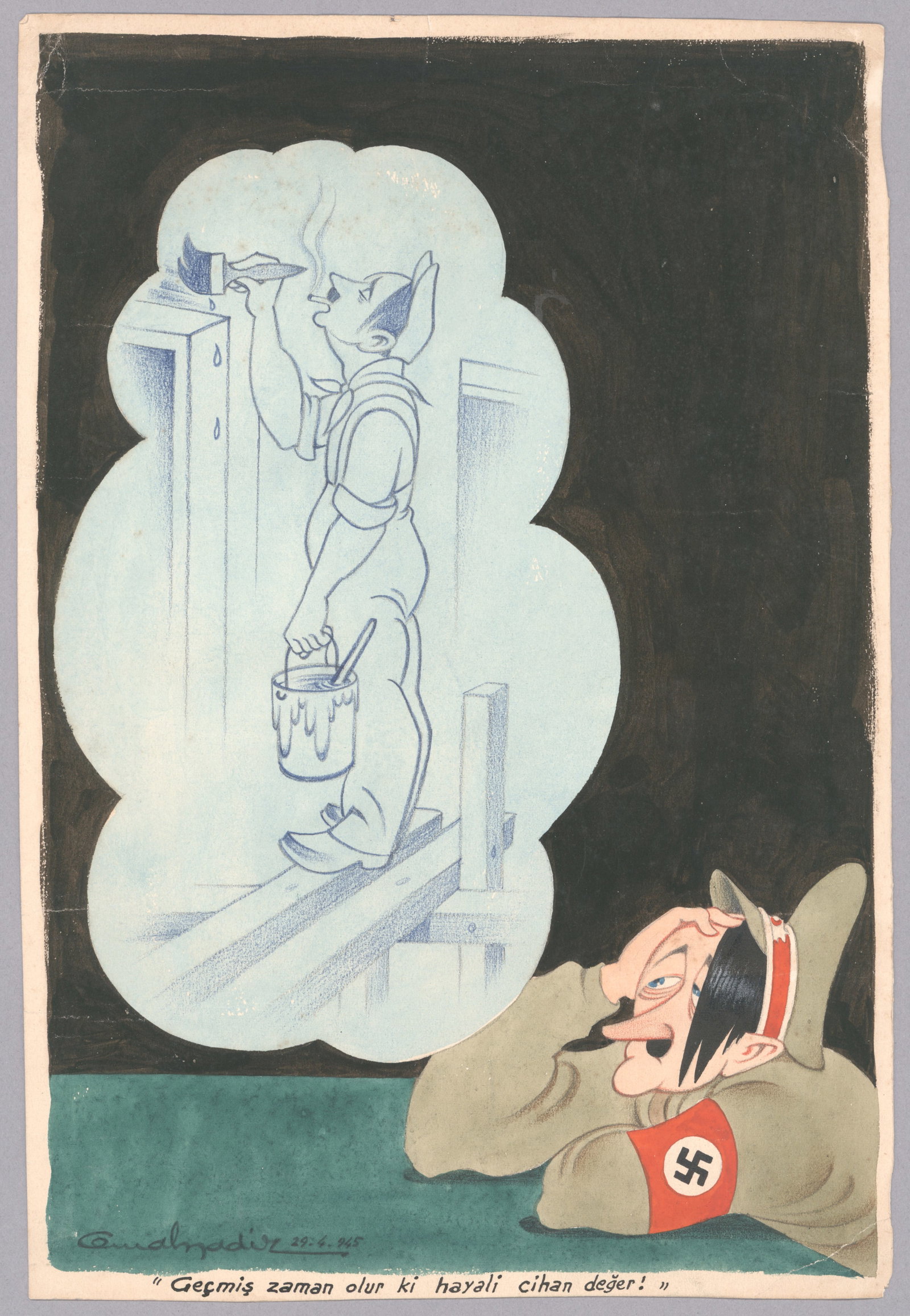 TURKISH NEWSPAPER CARICATURES OF HITLER AND OTHERS (2): An attractive pair of original World War II-date cartoons in watercolor and colored pencil, both intended for publication in the long-running Turkish newspaper ‘Aksam ‘(‘Evening̵