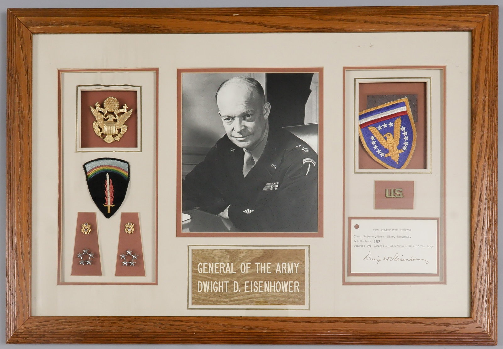 DWIGHT D. EISENHOWER'S GENERAL'S SHAEF PATCH, INSIGNIA, AND VISOR CAP BADGE: (1890 - 1969) 34th President of the United States, Supreme Commander of Allied forces in Europe during World War II and largely responsible for the successful invasion on D-Day. A fine presentation of