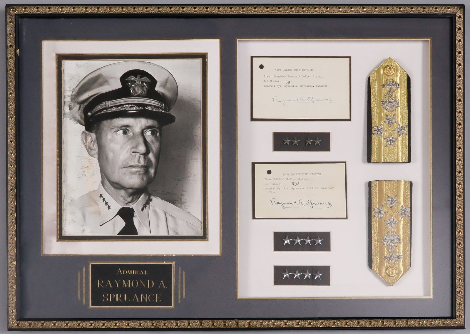 RAYMOND A. SPRUANCE'S SHOULDER BOARDS AND COLLAR STARS: (1886 - 1969) American Navy admiral who commanded U.S. naval forces at both the Battle of Midway and the Battle of the Philippine Sea. A fine presentation of signed items and relics, includes two Navy