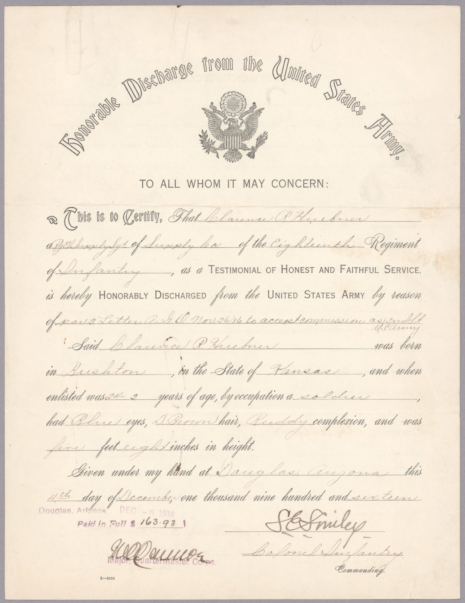 CLARENCE R. HUEBNER IS PROMOTED TO SERGEANT DURING HIS FIRST TERM OF SERVICE: FROM THE ESTATE OF GEN. CLARENCE R. HUEBNER, COMMANDER OF THE 1ST INFANTRY DIVISION IN THE FIRST WAVE AT OMAHA BEACH Great partly-printed D.S. from the first term of Huebner's military service, 1p.