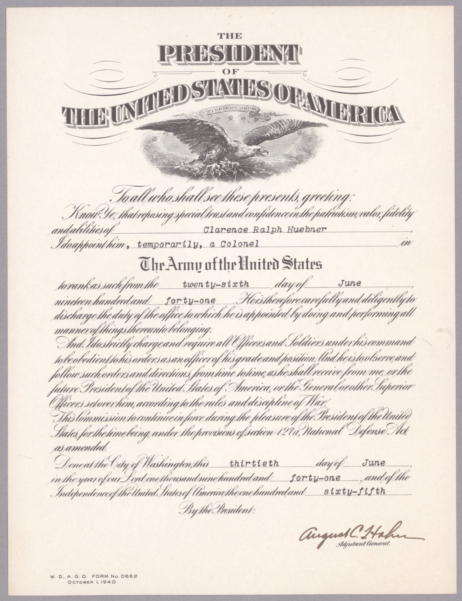 CLARENCE R. HUEBNER TEMPORARILY PROMOTED TO COLONEL (1 of 1)