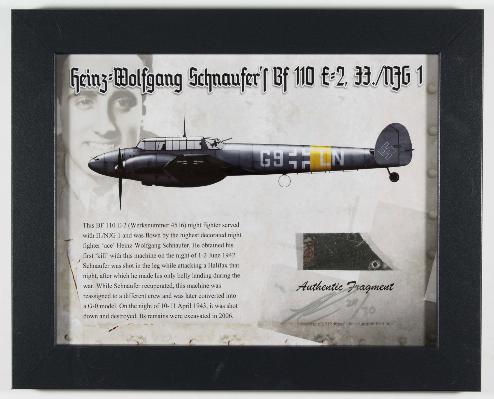 'SCHNAUFER'S FIRST KILL' AIRCRAFT CRASH RELIC: HEINZ WOLFGANG SCHNAUFER (1922–1950) German Luftwaffe night fighter pilot, the highest scoring night fighter ace in the history of aerial warfare with 121 victories, all accomplished after