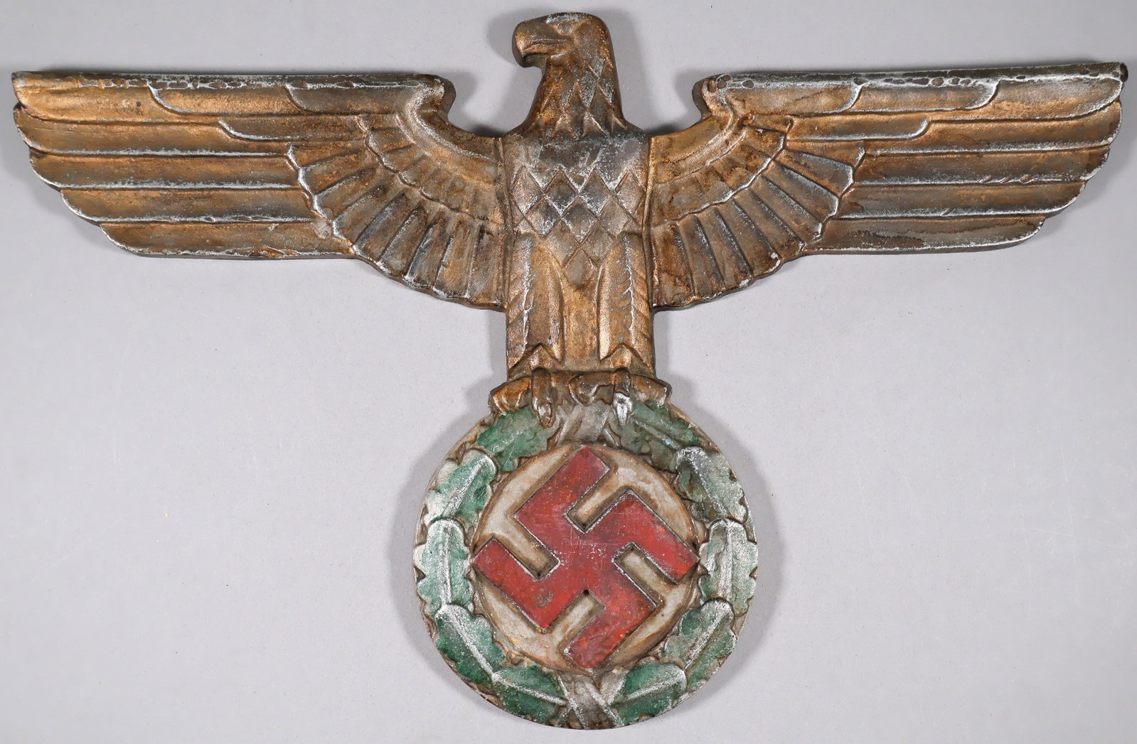 GERMAN REICHSPOST EAGLE: Rare Deutsche Reichspost eagle, typically displayed on the front of German Reichspost trucks, vans, and also appearing on street trolleys, this smaller cast aluminum alloy eagle, 15.25 in. wide x 9.75