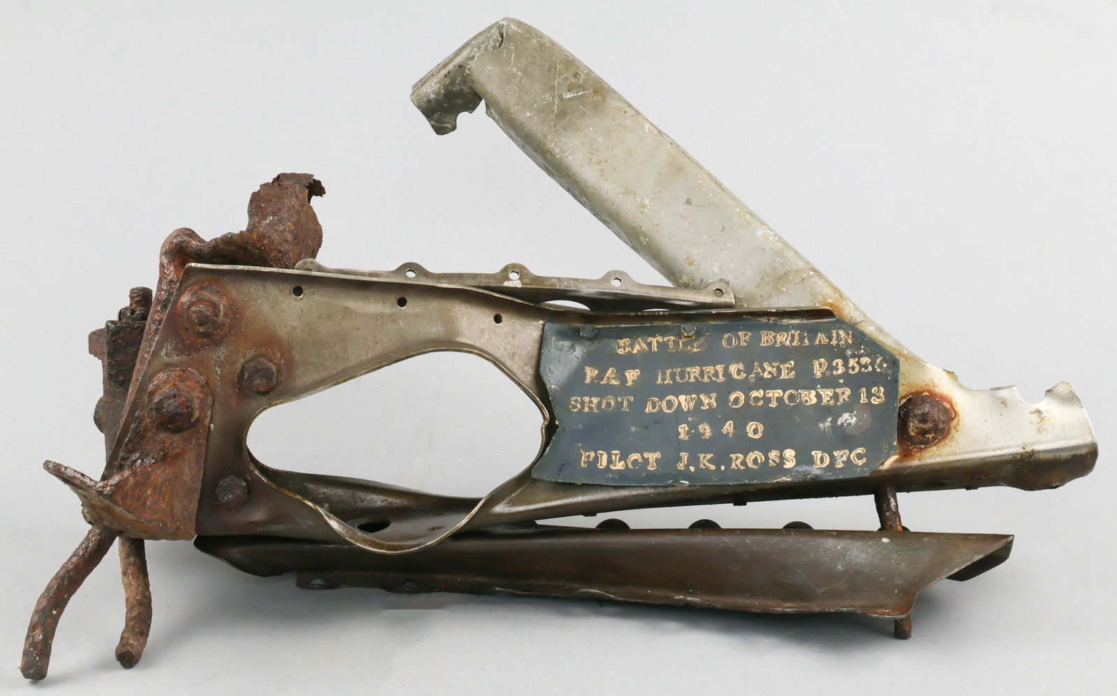 BATTLE OF BRITAIN: RAF HURRICANE RELIC: An airframe section from Hurricane P3536 of RAF Squadron 17, piloted by J.K. Rossa. It measures 15 in. x 10 in. and bears a plaque reading: 'Battle of Britain RAF Hurricane P3536 Shot Down October
