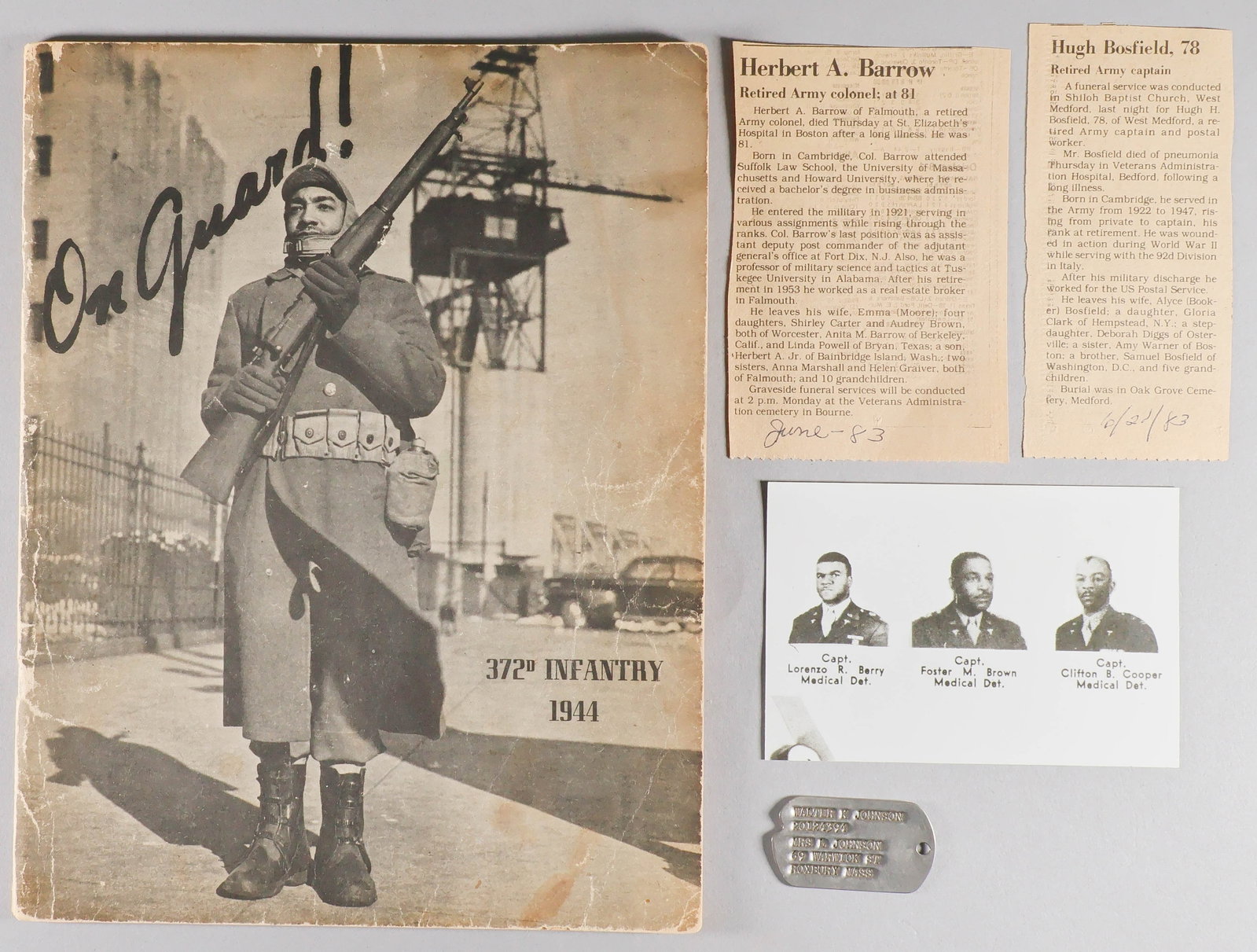 BLACK 372ND INFANTRYMAN'S DOG TAG AND REGIMENTAL MAGAZINE: Dog tag belonging to black Pvt. Walter K. Johnson of Co. I, 372nd Infantry, the tag bearing Johnson's name, serial number, and his mother's name and address in Roxbury, Ma. Sold with a rare 1944