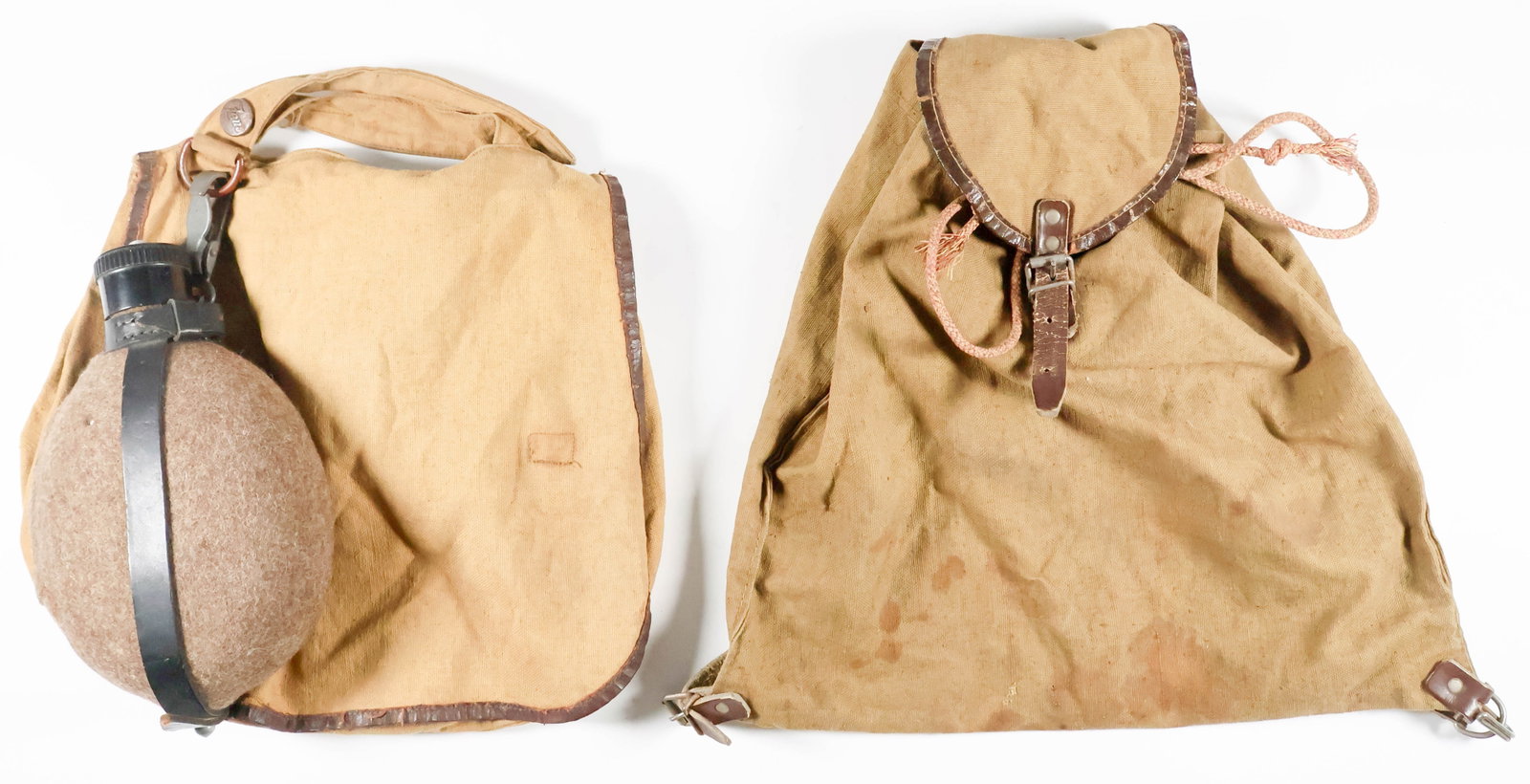 GERMAN YOUTH BACKPACK/CANTEEN GROUPING: A grouping of components of a backpack rig for the Deutsches Jungvolk (German Youth) an organization for 10-14 year old boys, before joining the HJ. Rig is complete with backpack, a mess pouch, and