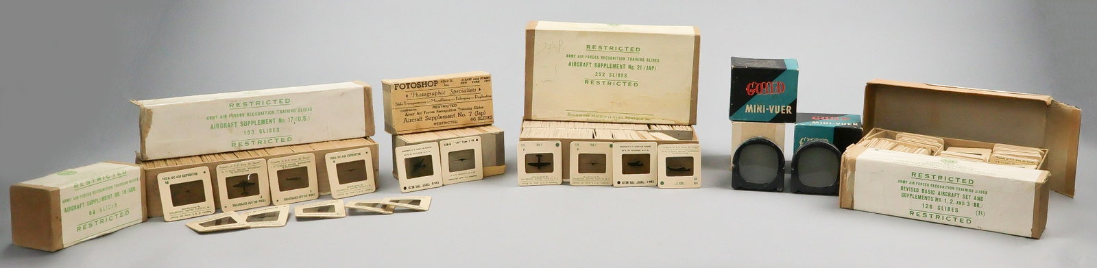 U.S. ARMY AIR FORCES AIRCRAFT RECOGNITION SLIDES: A comprehensive lot of approx. 700 photographic slides depicting aircraft silhouettes, produced as recognition training aids for the U.S. Army Air Forces, the majority by the Holbrook Microfilming