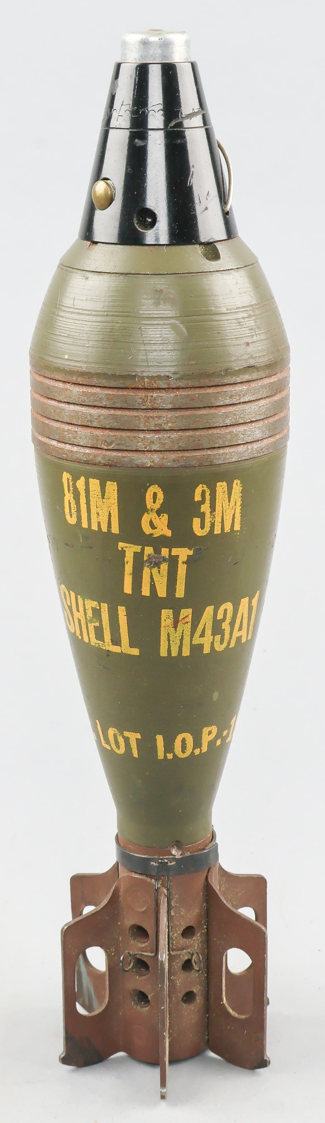 U.S. M43A1 81MM MORTAR ROUND: An inert, World War II-dated U.S. M43A1 81mm mortar round, 13.5 in. long overall, as fired from the M1 mortar. The body of the round is painted olive green overall, with the stenciled yellow