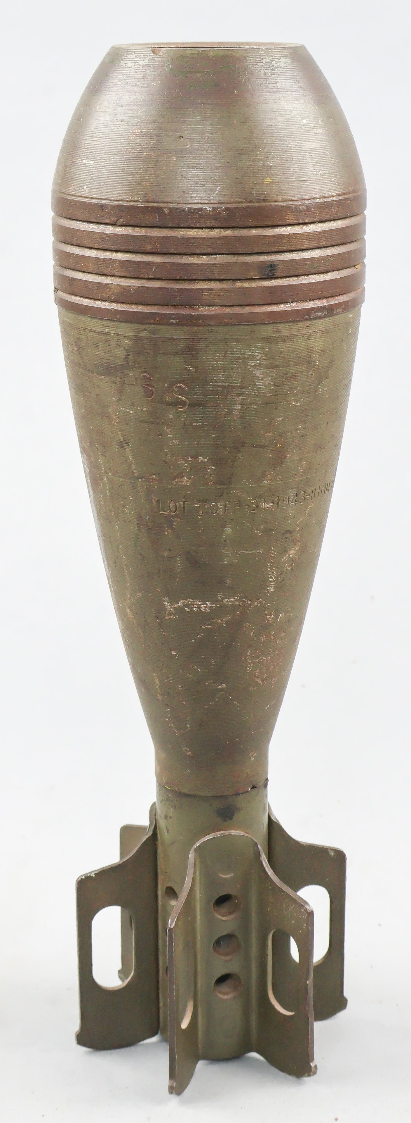 U.S. M43A1 81MM MORTAR ROUND: An inert, World War II-dated U.S. M43A1 81mm mortar round, 11 in. long overall, as fired from the M1 mortar. The unpainted body is stamped ‘Lot-TOTP-31-1-1943-81MM. M43A1B1’, with a U.S.