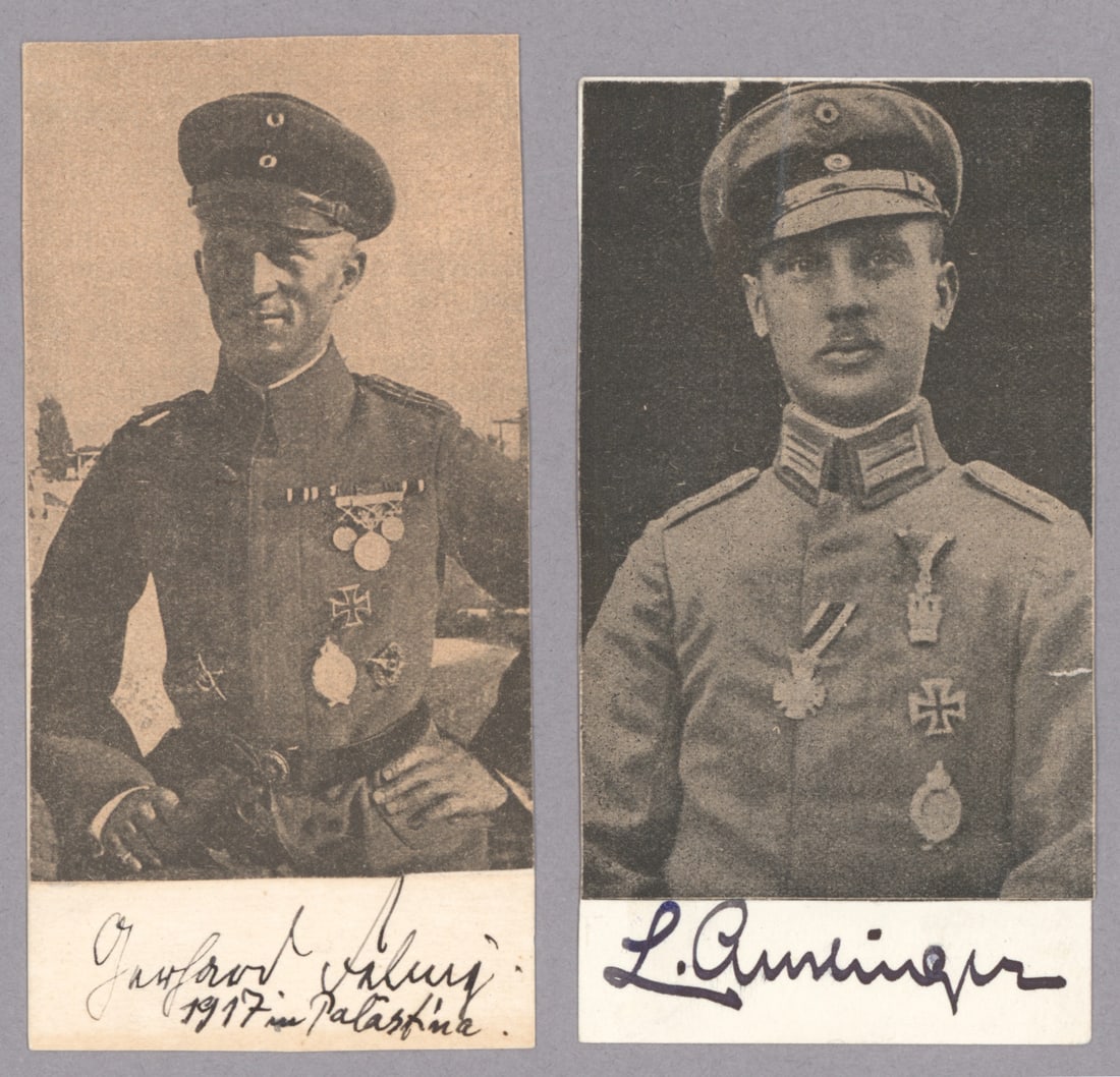 GERMAN WORLD WAR I ACES (2): Pair of signed mounted photographs of notable German aces, both recipients of the Royal House Order of the House of Hohenzollern. Each piece is 2.25 x 4.25 in., individually signed by Hauptmann