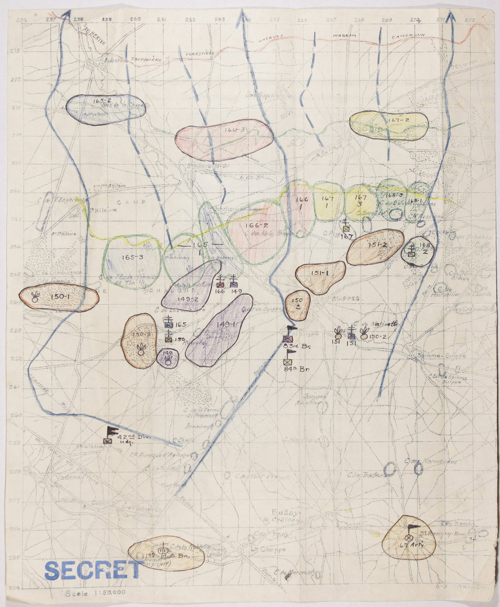 SECOND BATTLE OF THE MARNE 42nd INFANTRY DIVISION DISPOSITION MAP, USED BY COL. WILLIAM J. DONOVAN (1 of 4)