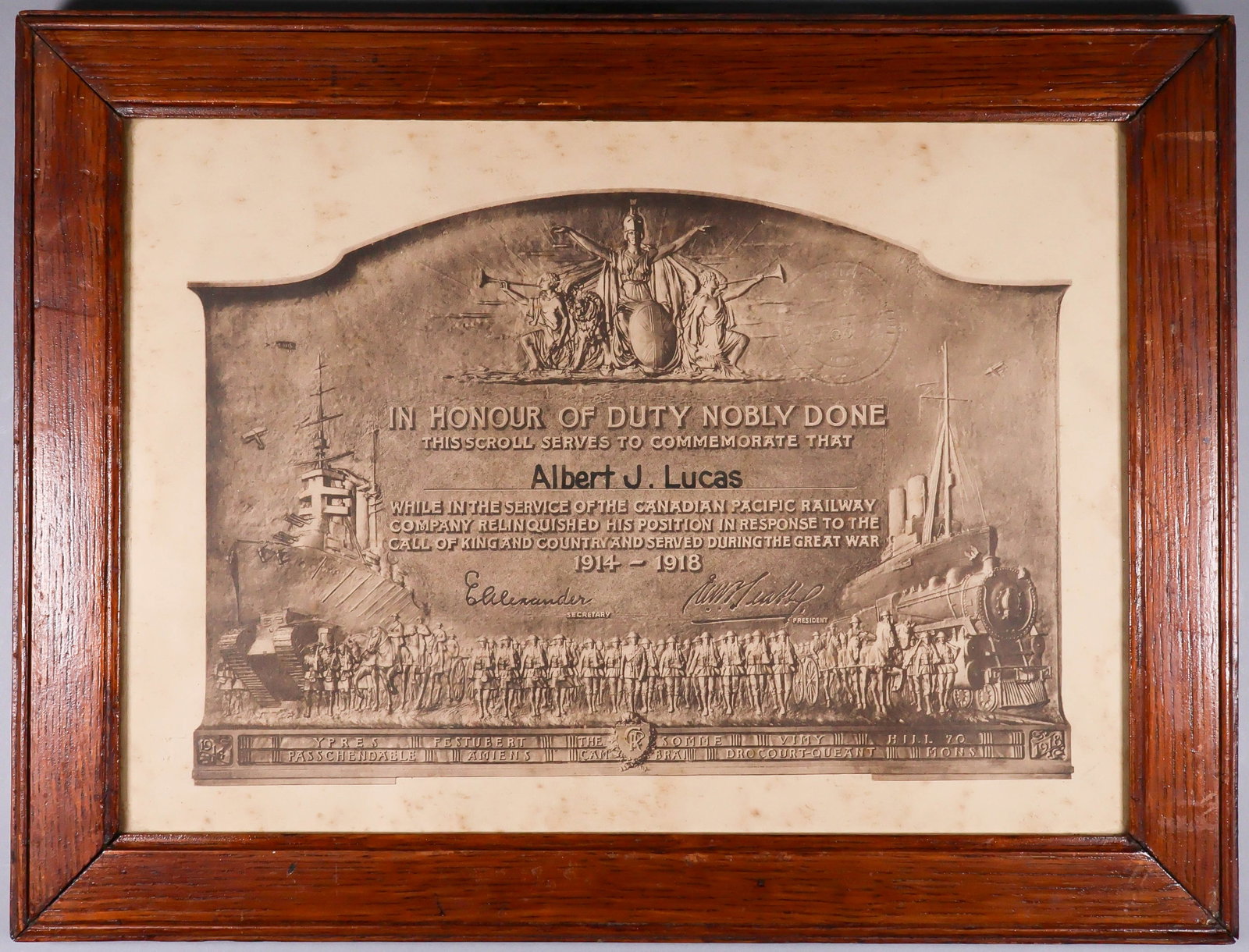 WORLD WAR I CANADIAN PACIFIC RAILWAY HONOR CERTIFICATE: A printed certificate from the Canadian Pacific Railway, 13.5 x 9.5 (sight), in sepia inks, honoring employee Albert J. Lucas who: '...relinquished his position in response to the call of king and