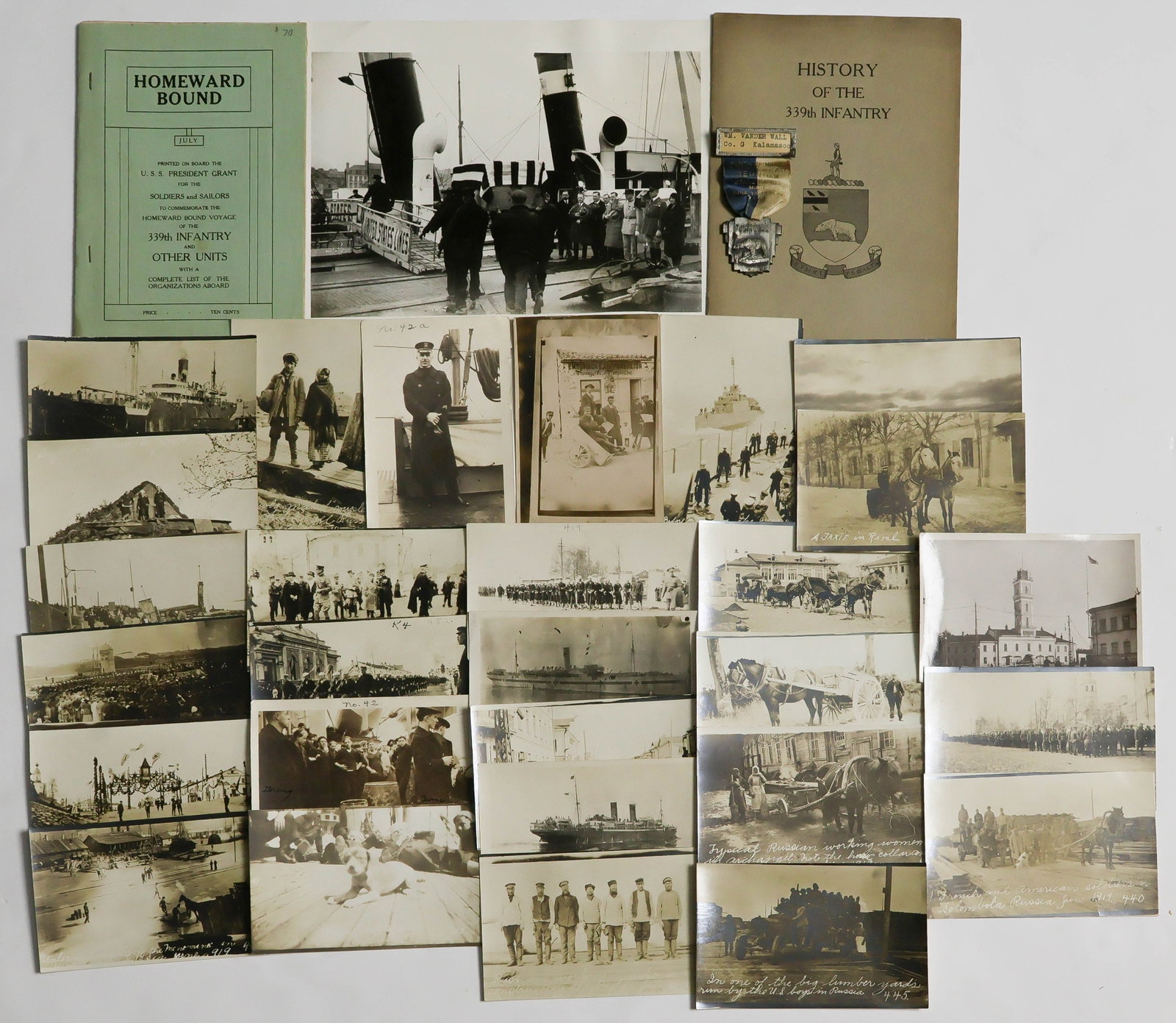 339TH INFANTRY DIV. 'POLAR BEAR EXPEDITION' MEDAL AND POSTCARD GROUPING: Nice grouping of material from a member of the 339th Infantry Div. which was part of the 'Polar Bear Expedition', serving in the North Russia Intervention fighting Bolshevik revolutionaries. Included 