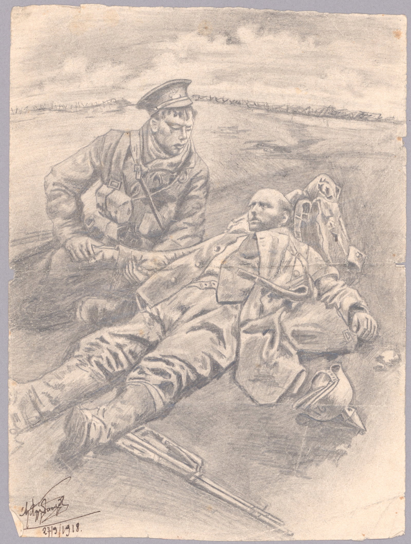 ENTENTE SOLDIERS’ ORIGINAL SKETCHES (2): An exceptional pair of original sketches executed in the field, both depicting and presumably drawn by solders of the Entente, includes: an 8.5 x 11.25 in. pencil and charcoal sketch depicting a Briti