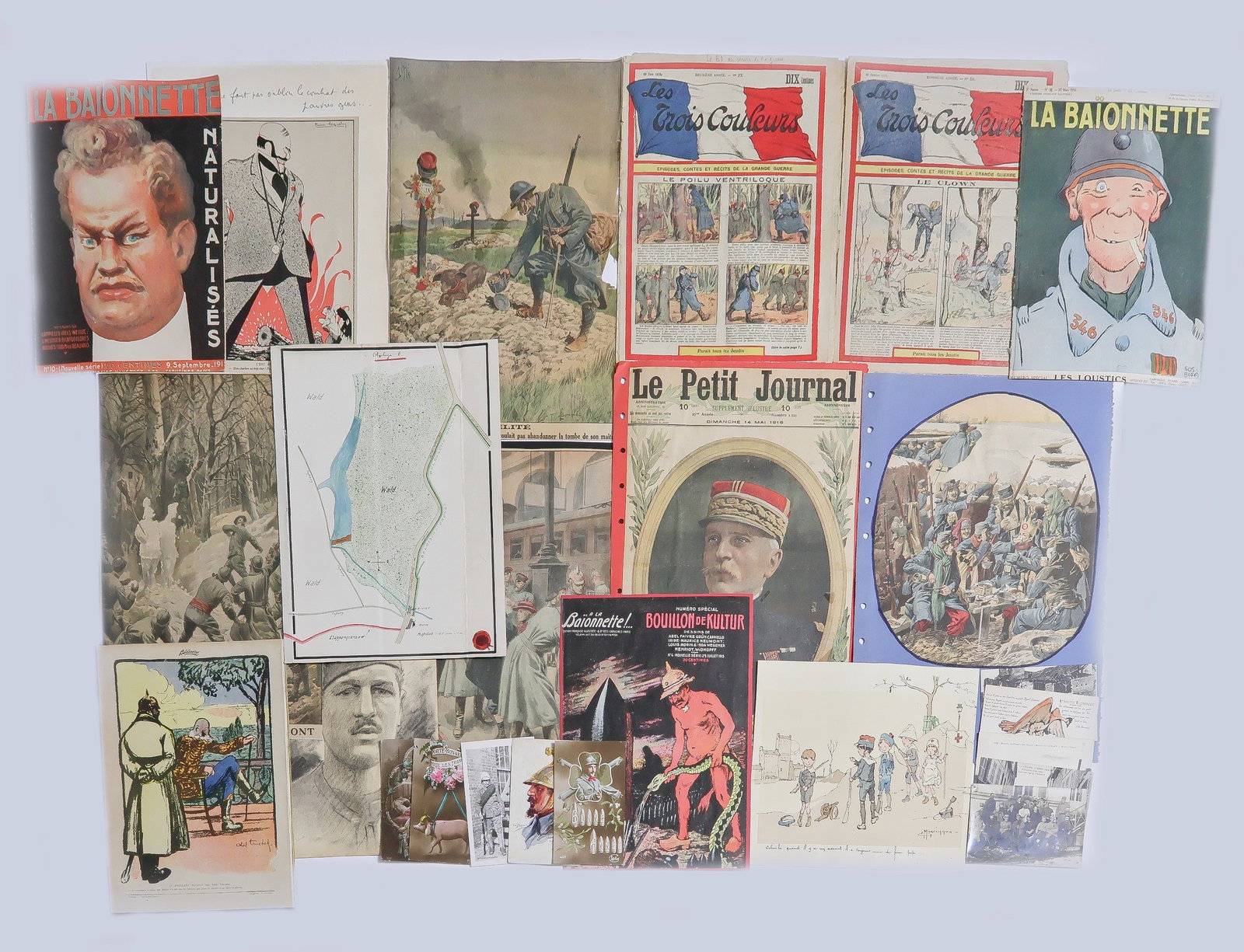 FRENCH WORLD WAR I EPHEMERA: A group of French World War I era ephemera, includes: three copies of ‘La Baionnette’ (March 1916, August 1915 and September 1915); a copy of ‘Les Trois Couleurs’, June 1915; a