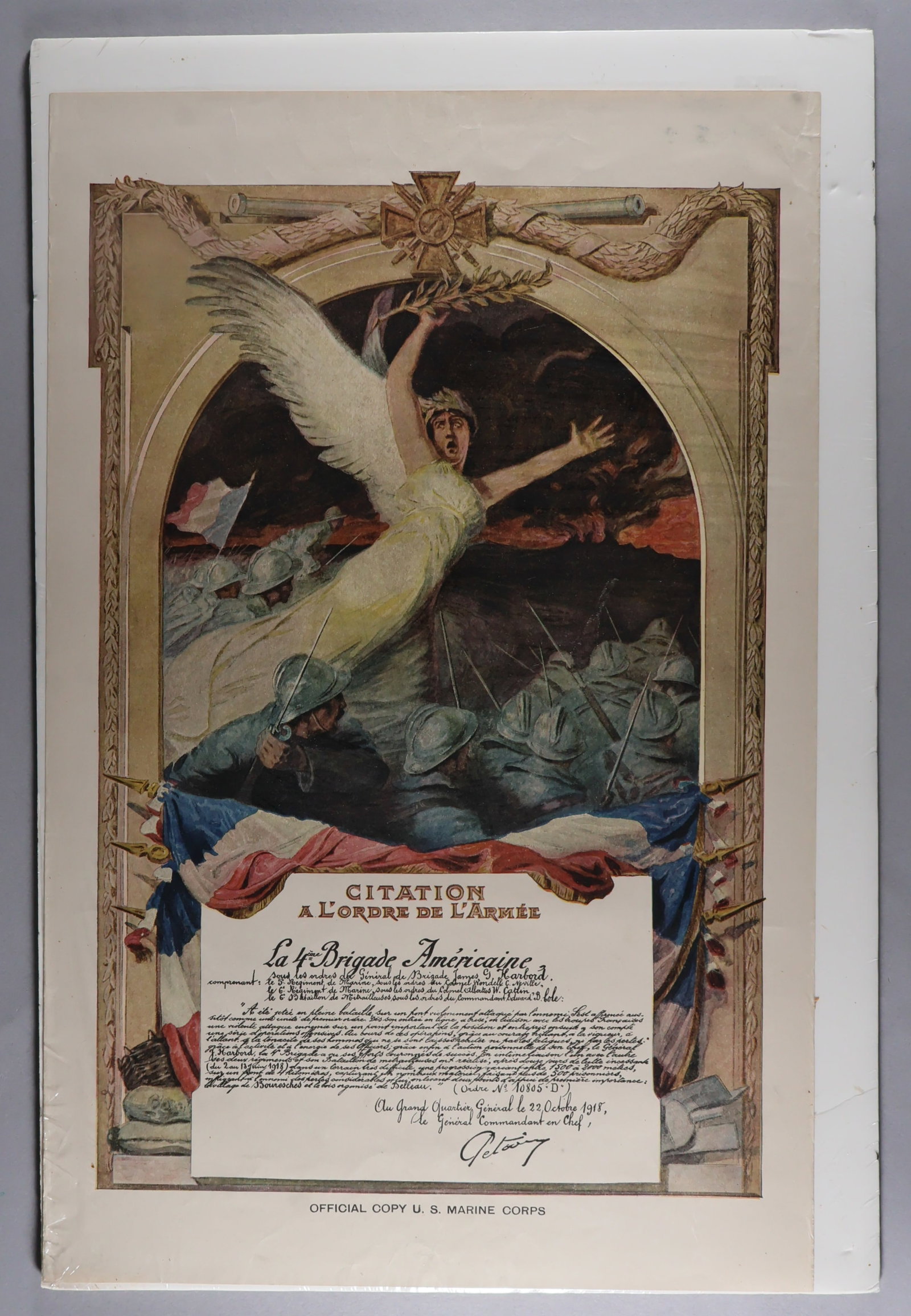 WORLD WAR I 4TH U.S. MARINES BRIGADE CITATION BROADSIDE: A World War I broadside, 12 x 18.5 in. color, offering the text of French General Philippe Petain’s Oct. 22, 1918 Citation to the 4th American Marine Brigade: ‘…'Thrown into the