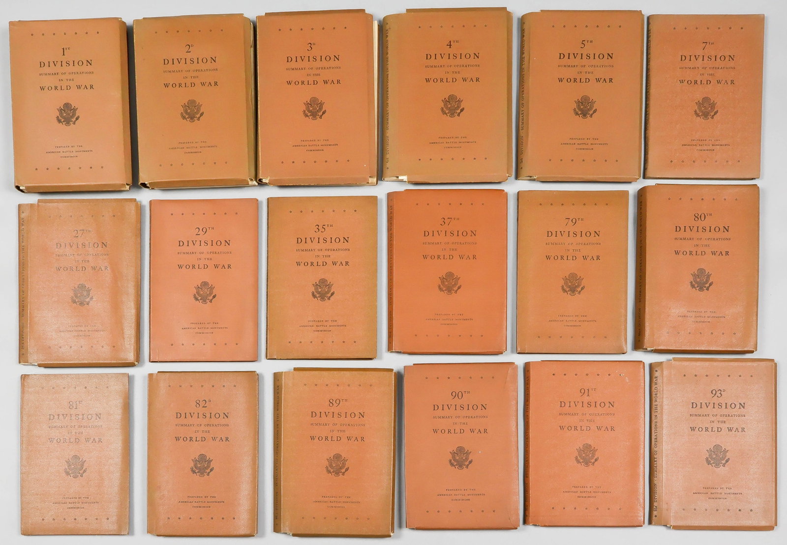 WORLD WAR I AMERICAN ARMY DIVISION HISTORIES (18): Excellent set of 18 World War I American Army Division histories, all prepared by the American Battle Monuments Commission(Washington: U.S. Government Printing Office), 1944. Varying numbers of